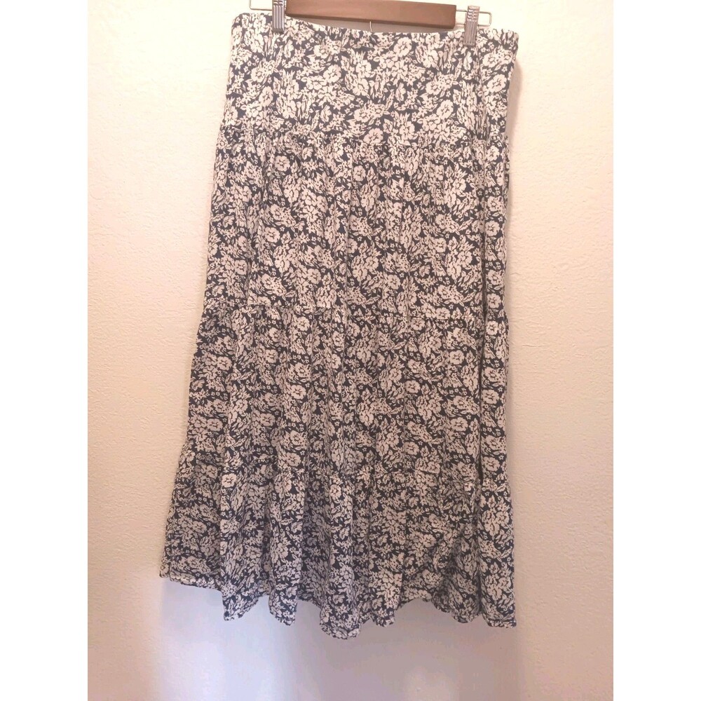 CHAPS Denim Women's Blue White Floral Tiered Midi Skirt Cotton Lined Size M